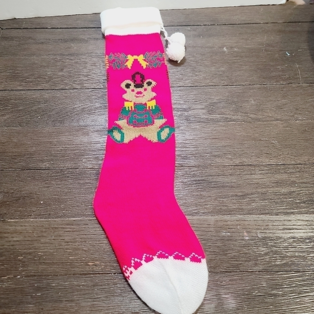 Vintage 80s Kawaii Teddy Bear Christmas Knit Extra Long Stocking 25"